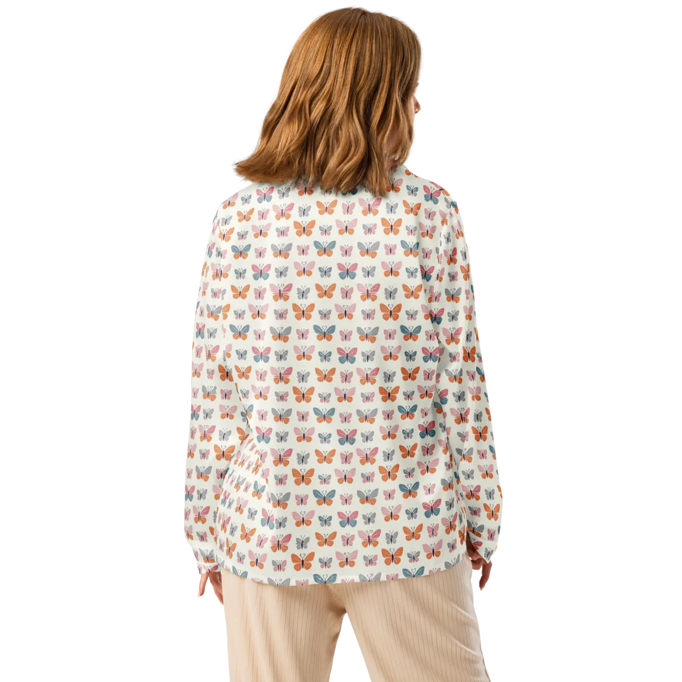 Silky Butterfly Print Long Sleeve Pajama Top - DipaliZ