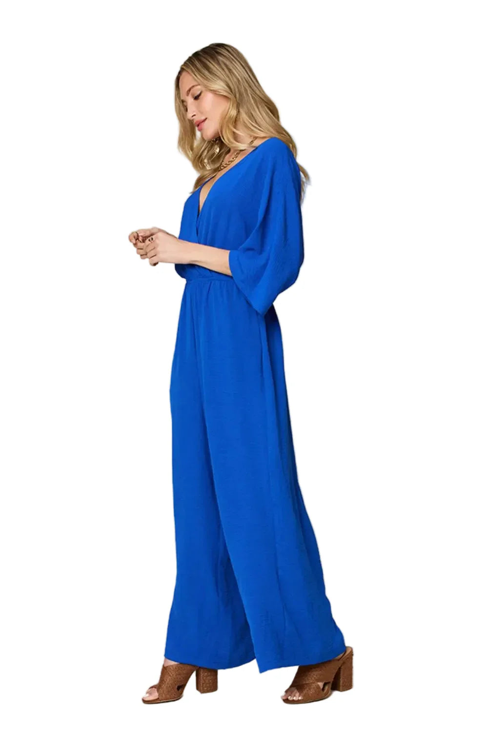 Garden Naked Womens Jumpsuit Elegant Kimono-Sleeve Jumpsuit With Pockets Royal Blue Soft Crepe Fabric Wide