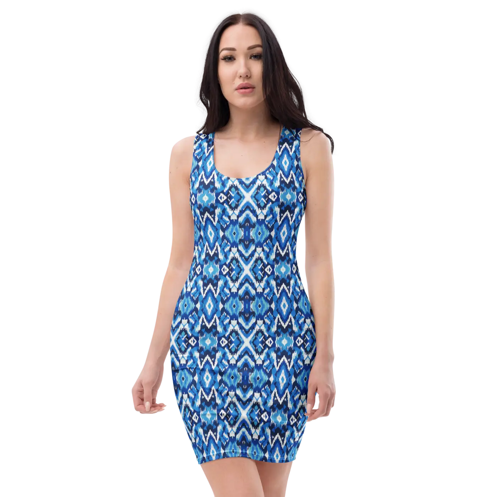 Capri Blue Ikat Bodycon Dress - Recycled Polyester - DipaliZ