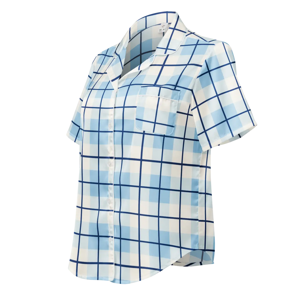 Capri Blue Madras Short Sleeve Pajama Top - Relaxed Fit - DipaliZ