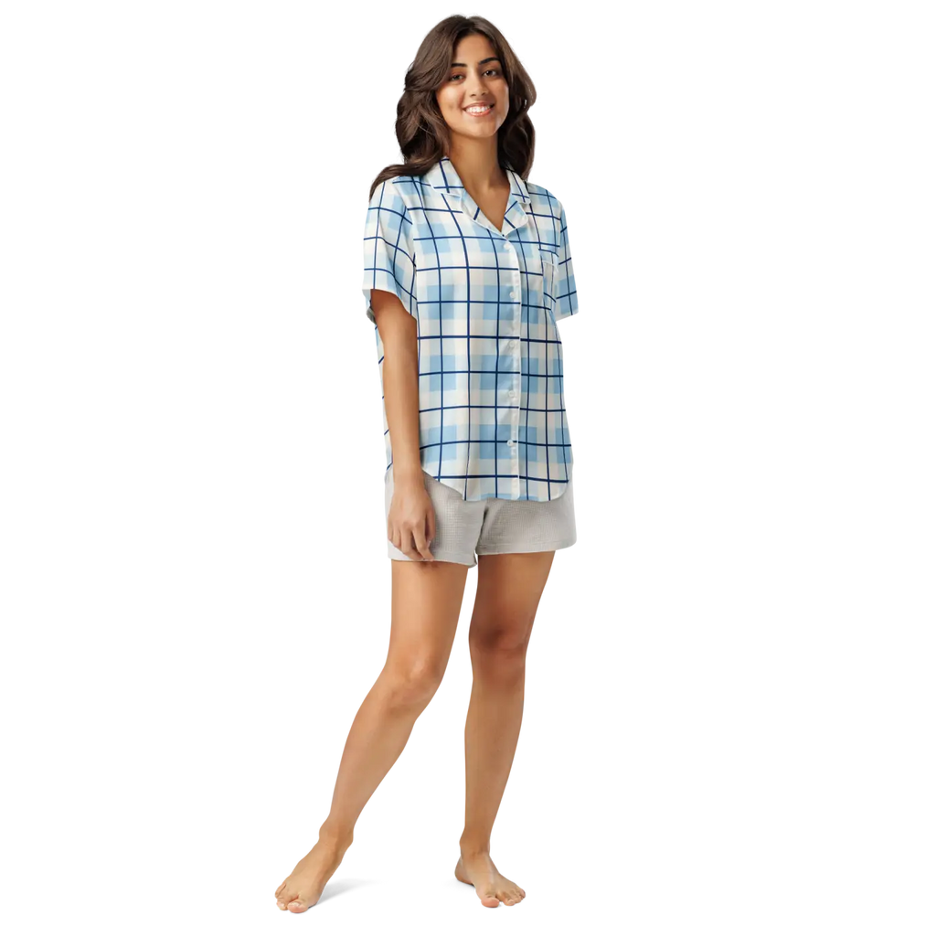Capri Blue Madras Short Sleeve Pajama Top - Relaxed Fit - DipaliZ