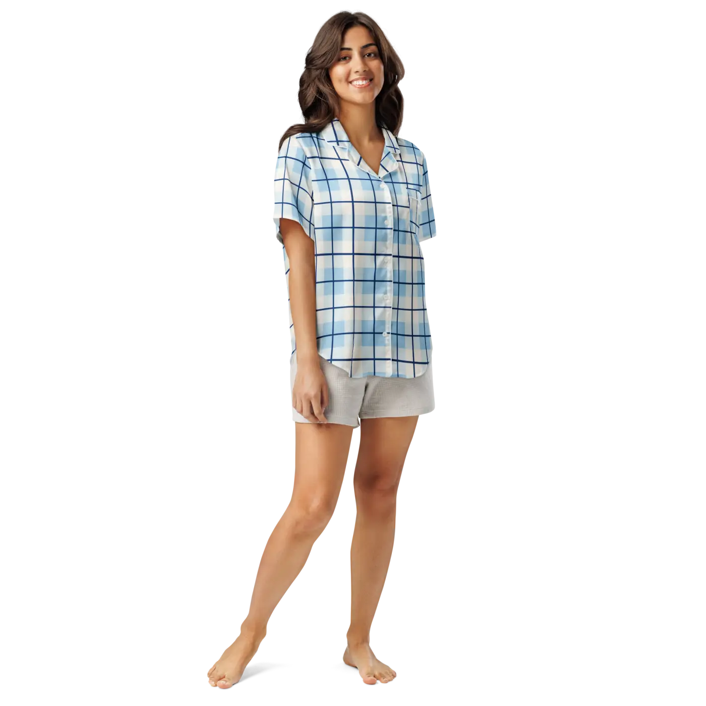 Capri Blue Madras Short Sleeve Pajama Top - Relaxed Fit - DipaliZ