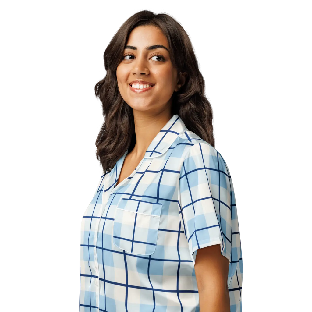 Capri Blue Madras Short Sleeve Pajama Top - Relaxed Fit - DipaliZ