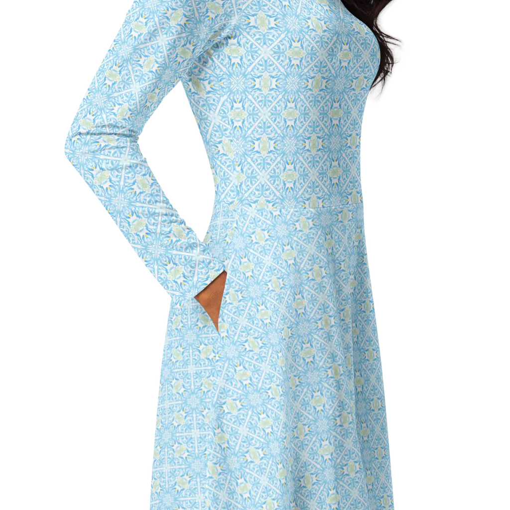 Capri Blue Medallion Print Midi Dress - Long Sleeve - DipaliZ
