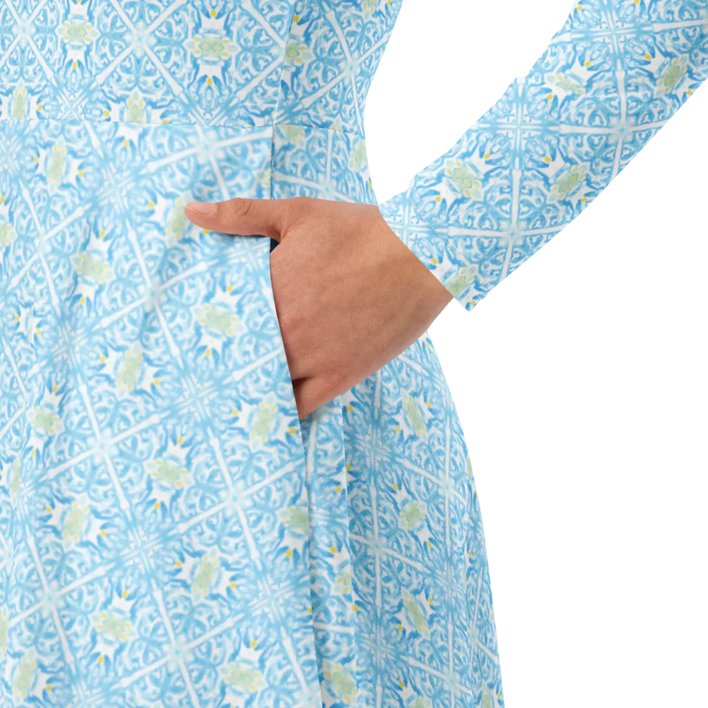 Capri Blue Medallion Print Midi Dress - Long Sleeve - DipaliZ
