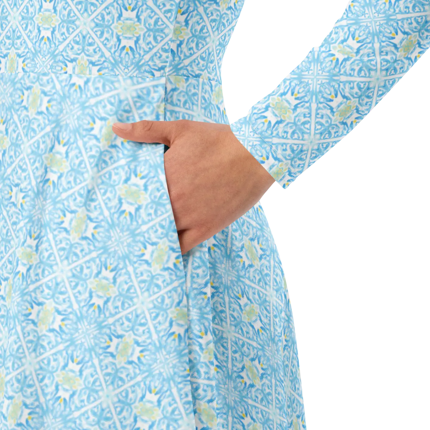 Capri Blue Medallion Print Midi Dress - Long Sleeve - DipaliZ