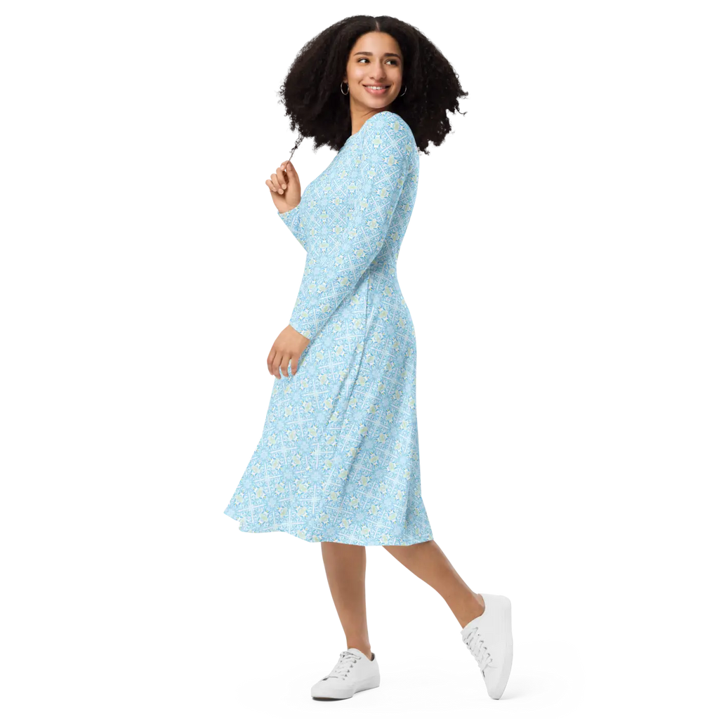 Capri Blue Medallion Print Midi Dress - Long Sleeve - DipaliZ