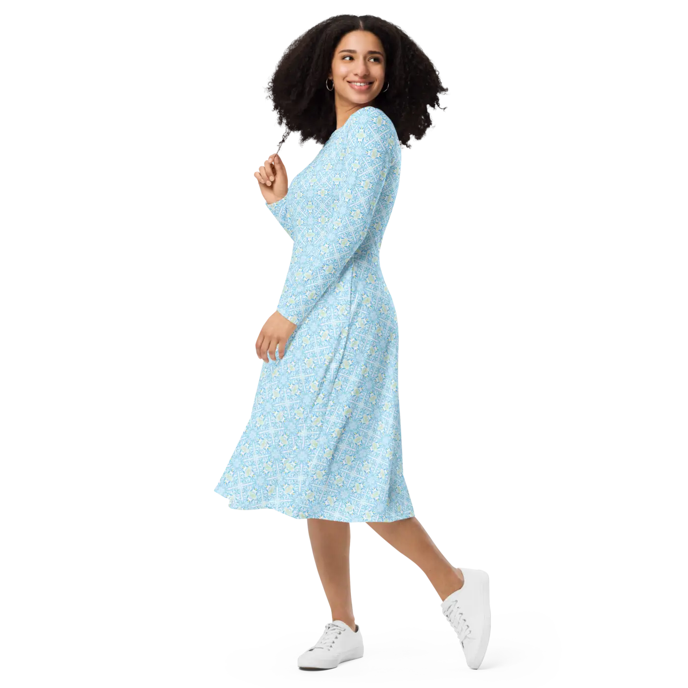 Capri Blue Medallion Print Midi Dress - Long Sleeve - DipaliZ