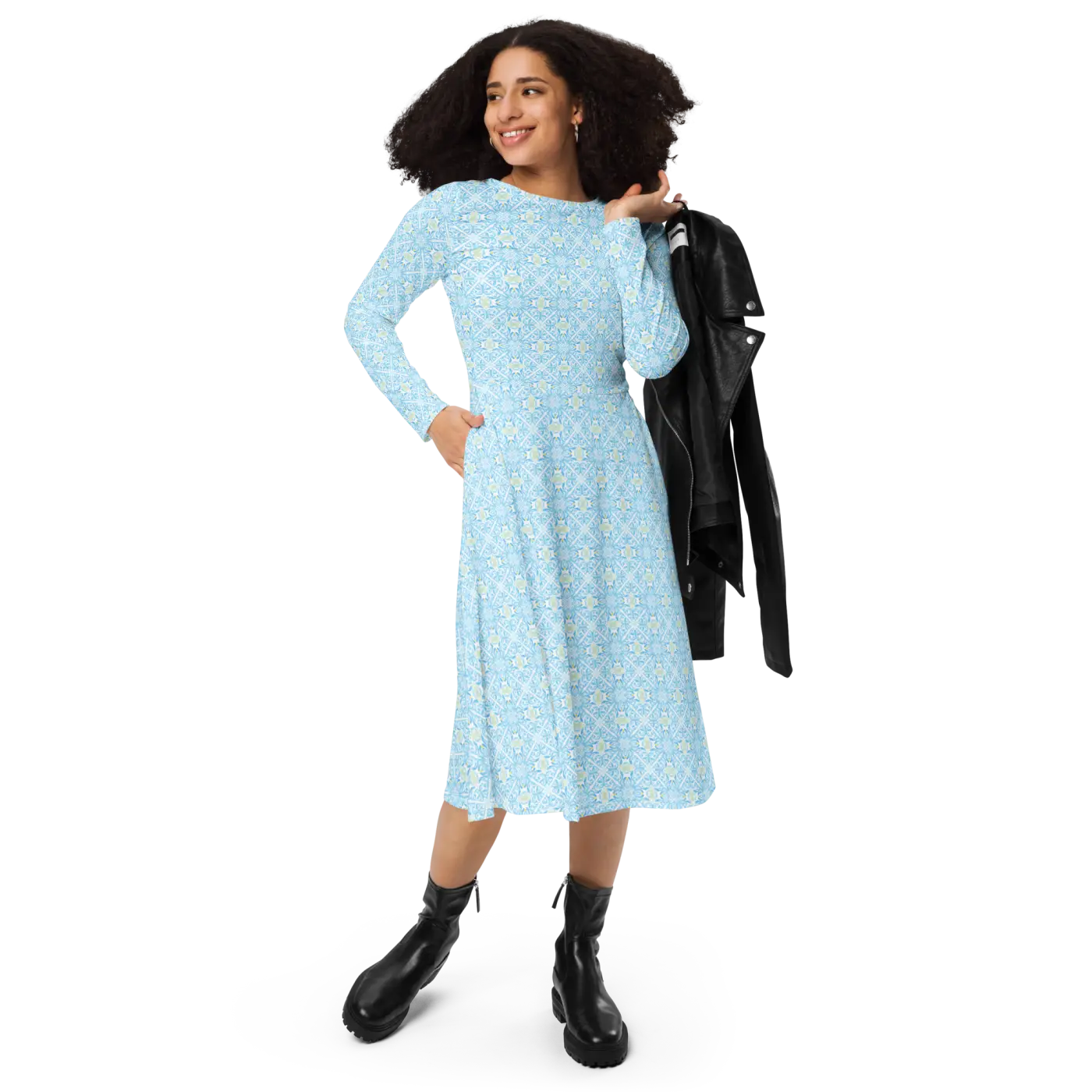 Capri Blue Medallion Print Midi Dress - Long Sleeve - DipaliZ
