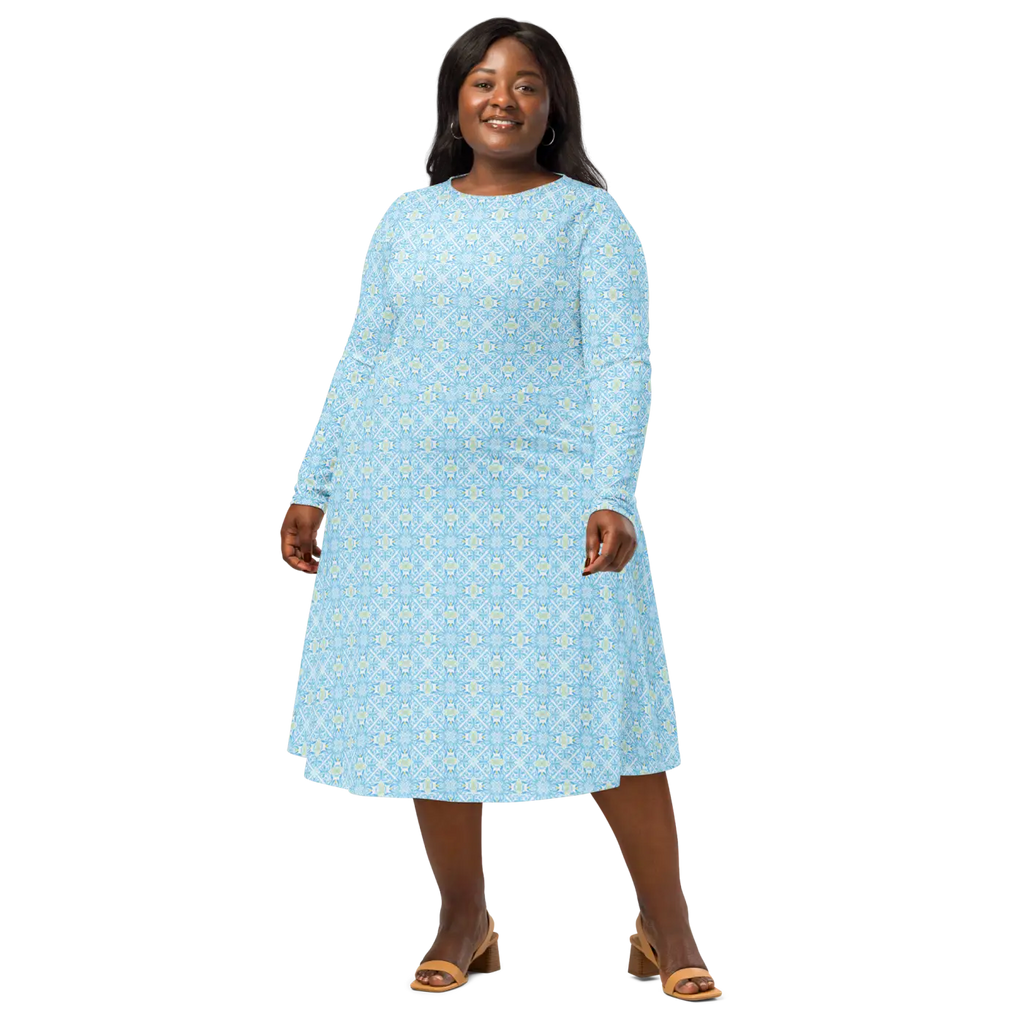 Capri Blue Medallion Print Midi Dress - Long Sleeve - DipaliZ