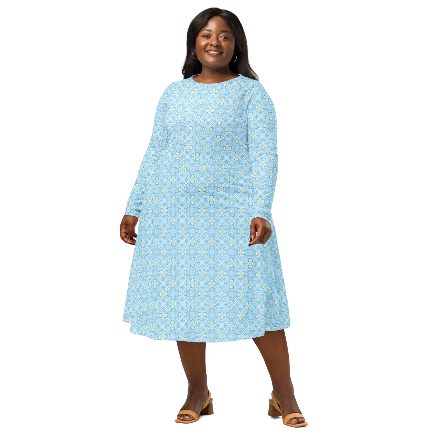Capri Blue Medallion Print Midi Dress - Long Sleeve - DipaliZ