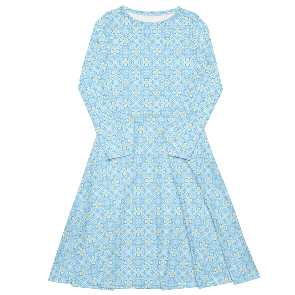 Capri Blue Medallion Print Midi Dress - Long Sleeve - DipaliZ