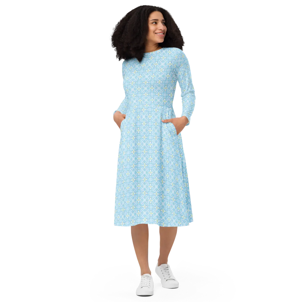 Capri Blue Medallion Print Midi Dress - Long Sleeve - DipaliZ