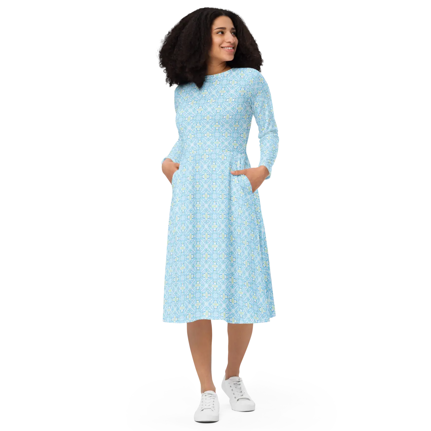 Capri Blue Medallion Print Midi Dress - Long Sleeve - DipaliZ