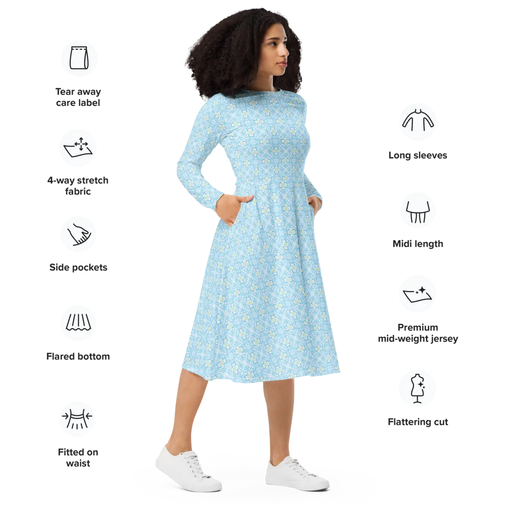 Capri Blue Medallion Print Midi Dress - Long Sleeve - DipaliZ