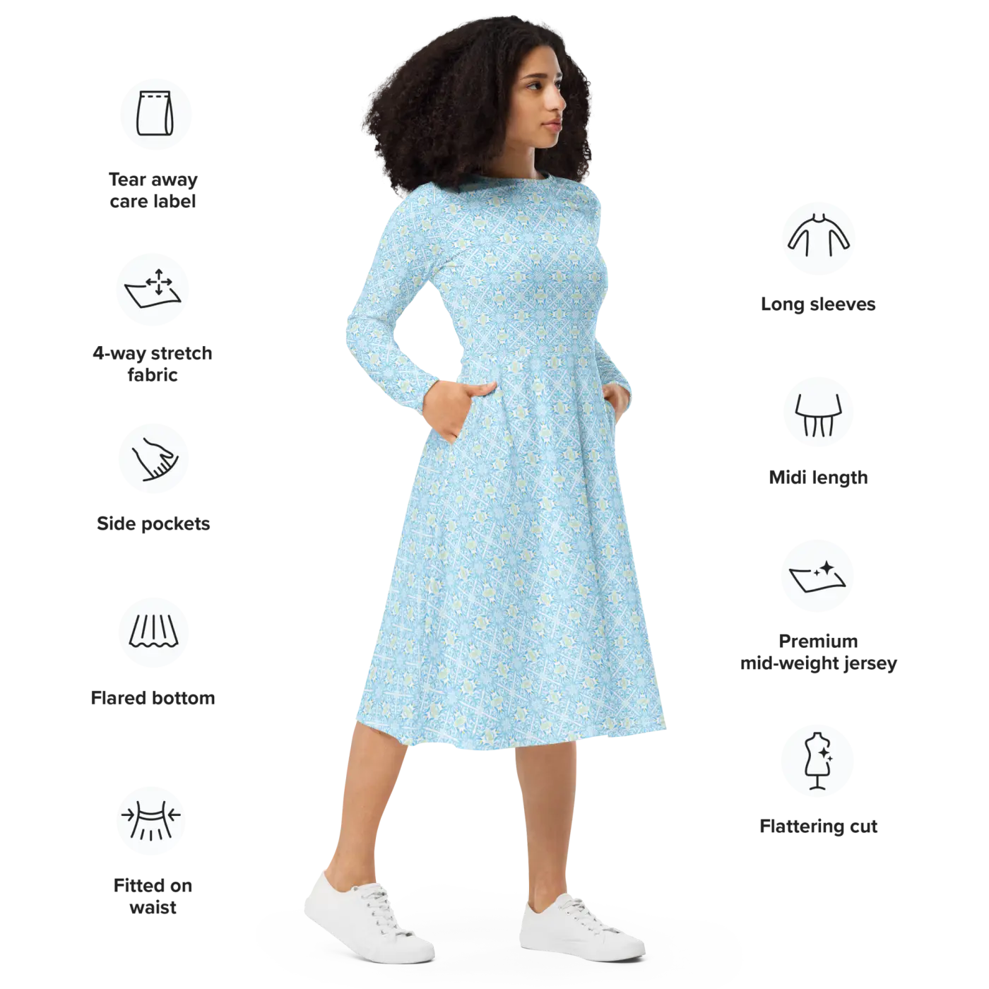 Capri Blue Medallion Print Midi Dress - Long Sleeve - DipaliZ