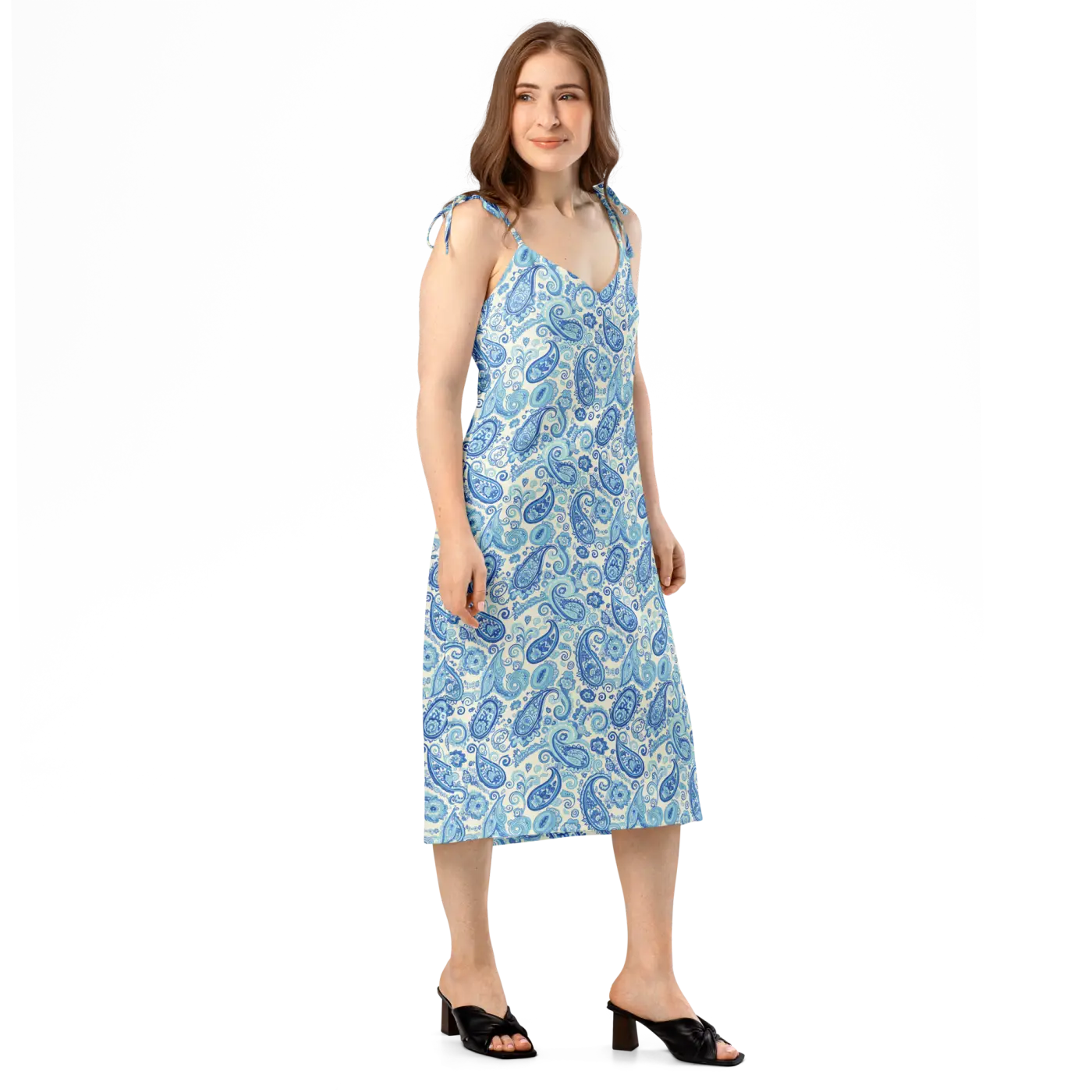 Capri Blue Paisley Midi Dress - Flirty Tie Straps - DipaliZ