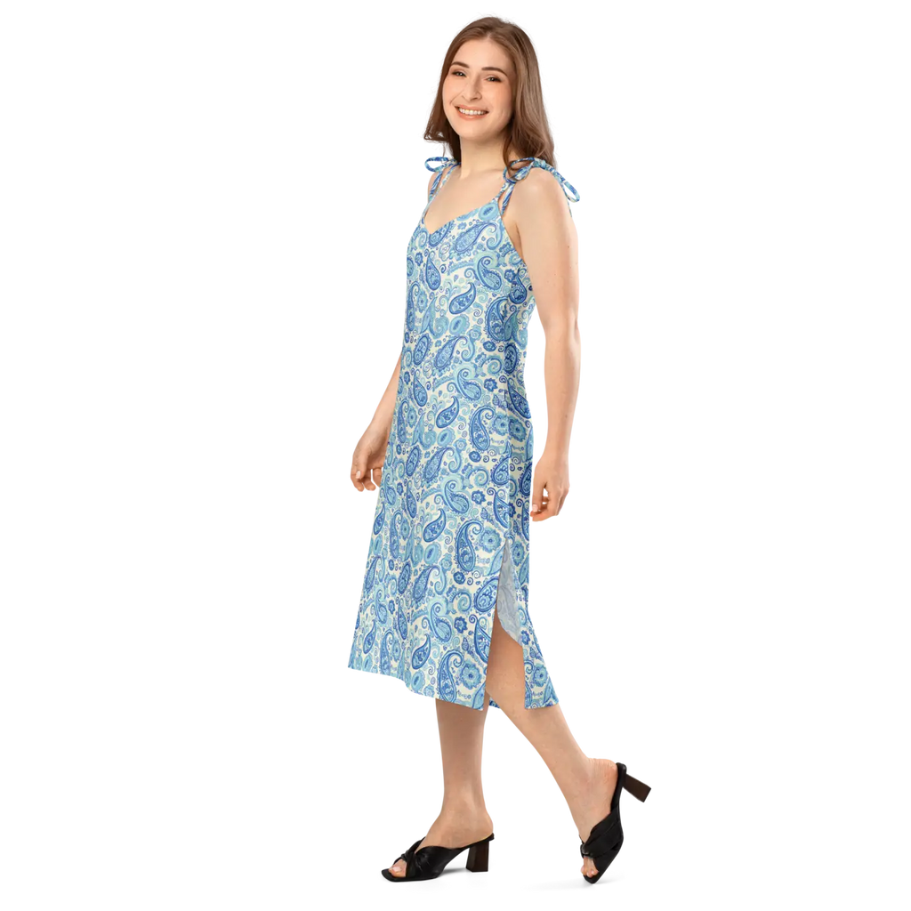 Capri Blue Paisley Midi Dress - Flirty Tie Straps - DipaliZ