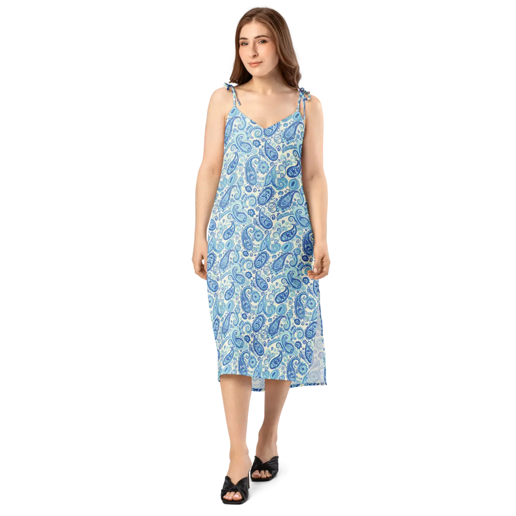 Capri Blue Paisley Midi Dress - Flirty Tie Straps - DipaliZ