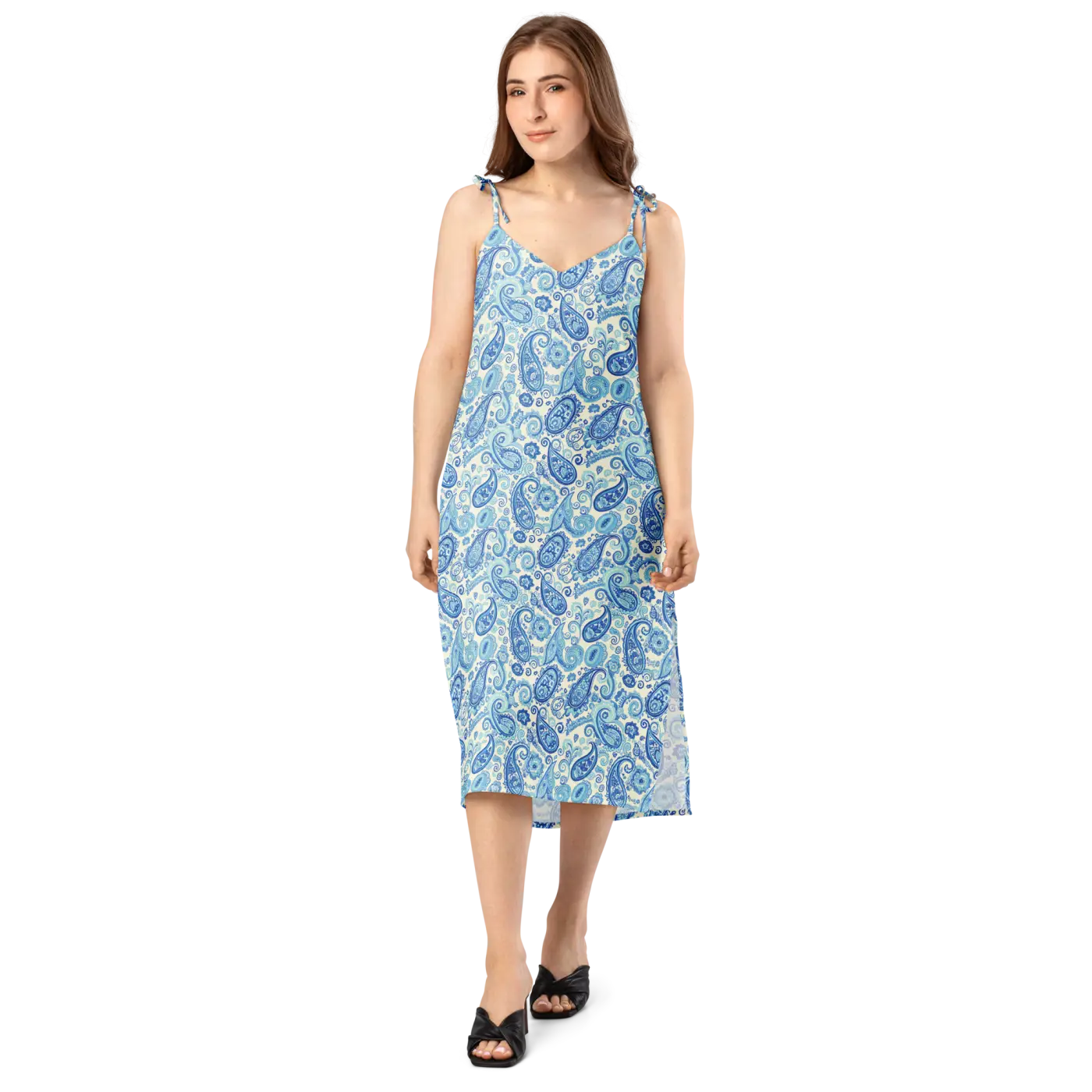 Capri Blue Paisley Midi Dress - Flirty Tie Straps - DipaliZ