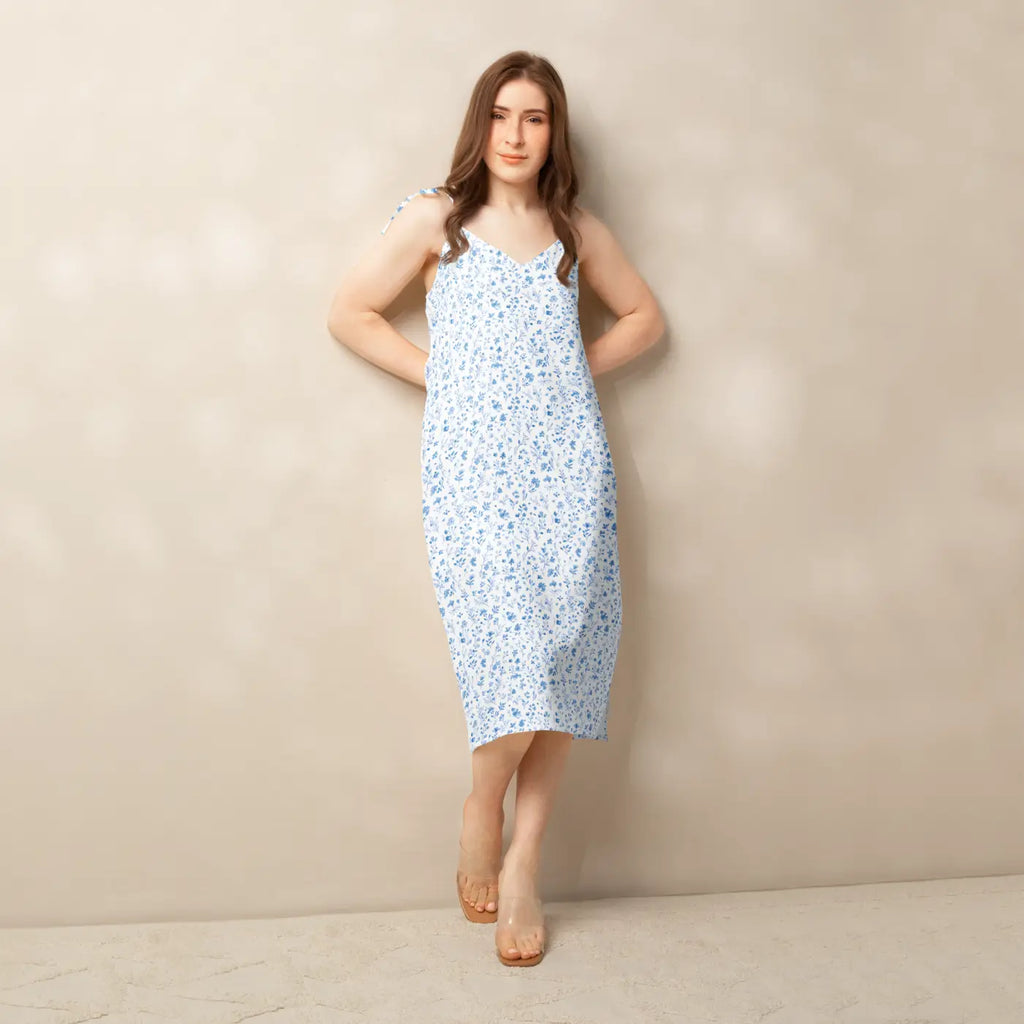 Floral Midi Dress - Capri Blue Breezy Tie-Strap - DipaliZ