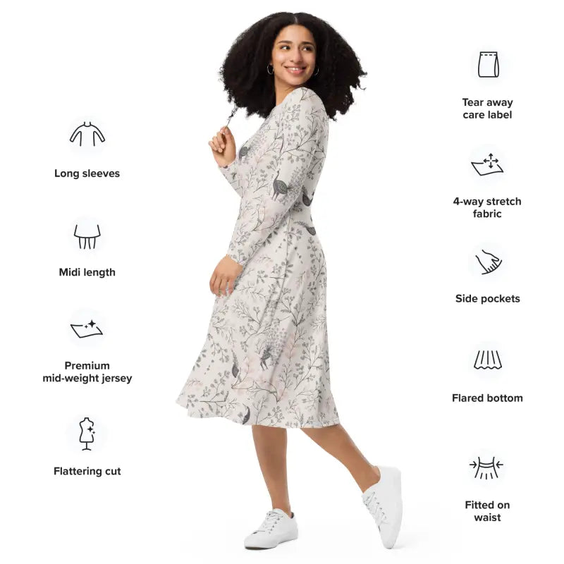 Purple Peacock Print Long Sleeve Midi Dress - DipaliZ