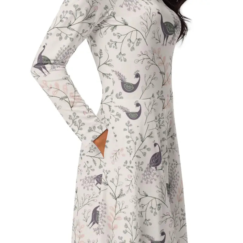 Purple Peacock Print Long Sleeve Midi Dress - DipaliZ