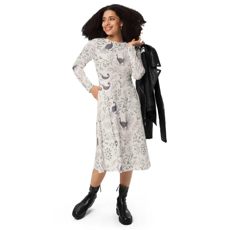 Purple Peacock Print Long Sleeve Midi Dress - DipaliZ