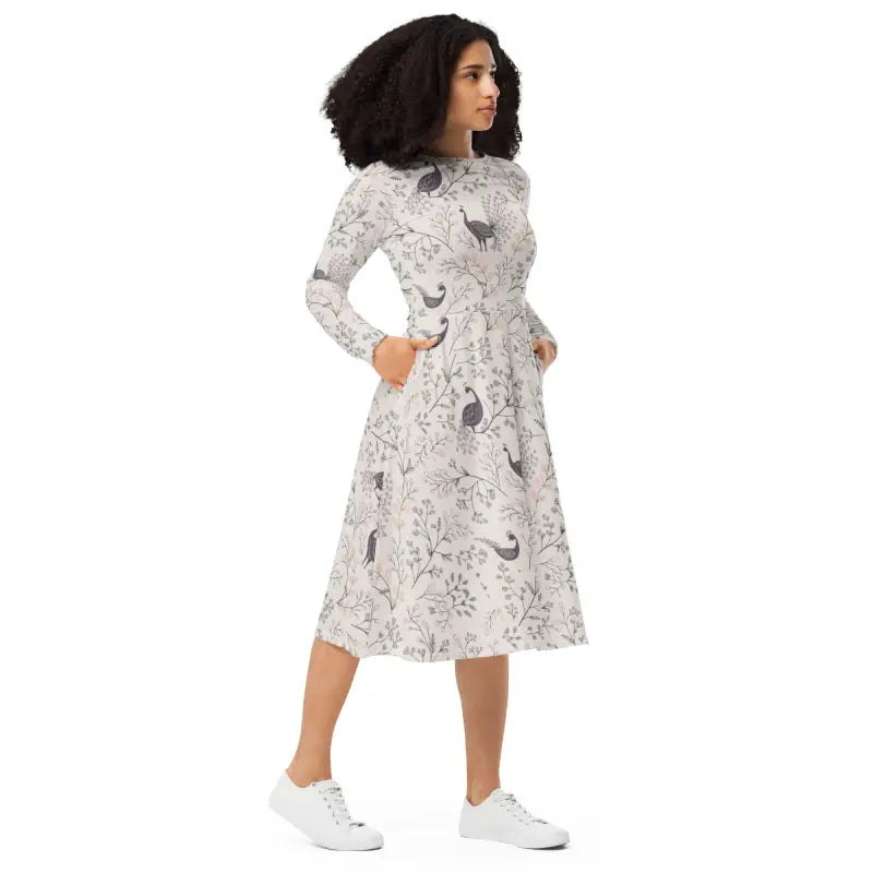 Purple Peacock Print Long Sleeve Midi Dress - DipaliZ