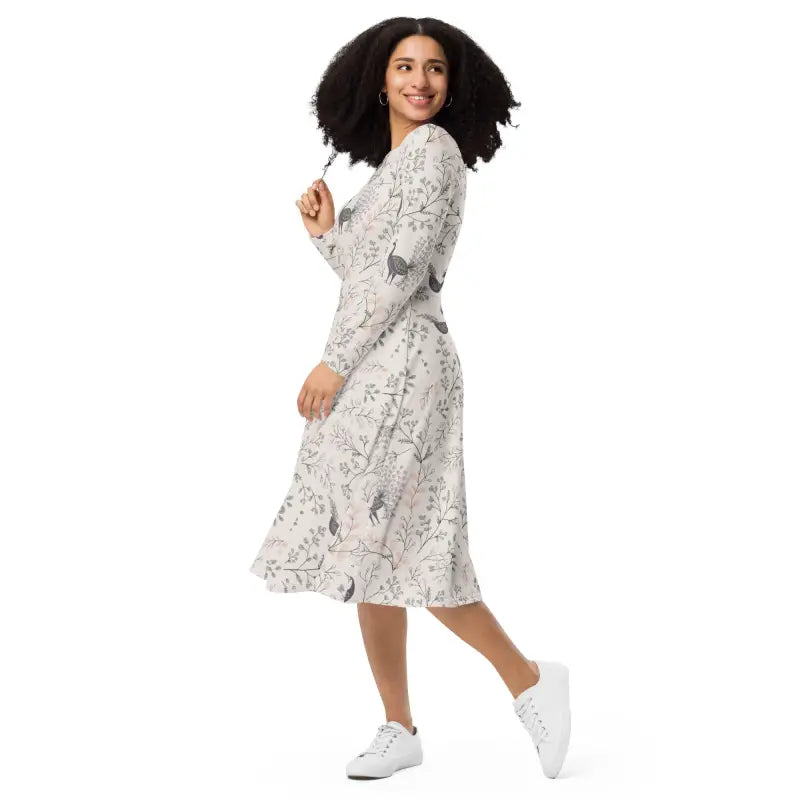 Purple Peacock Print Long Sleeve Midi Dress - DipaliZ