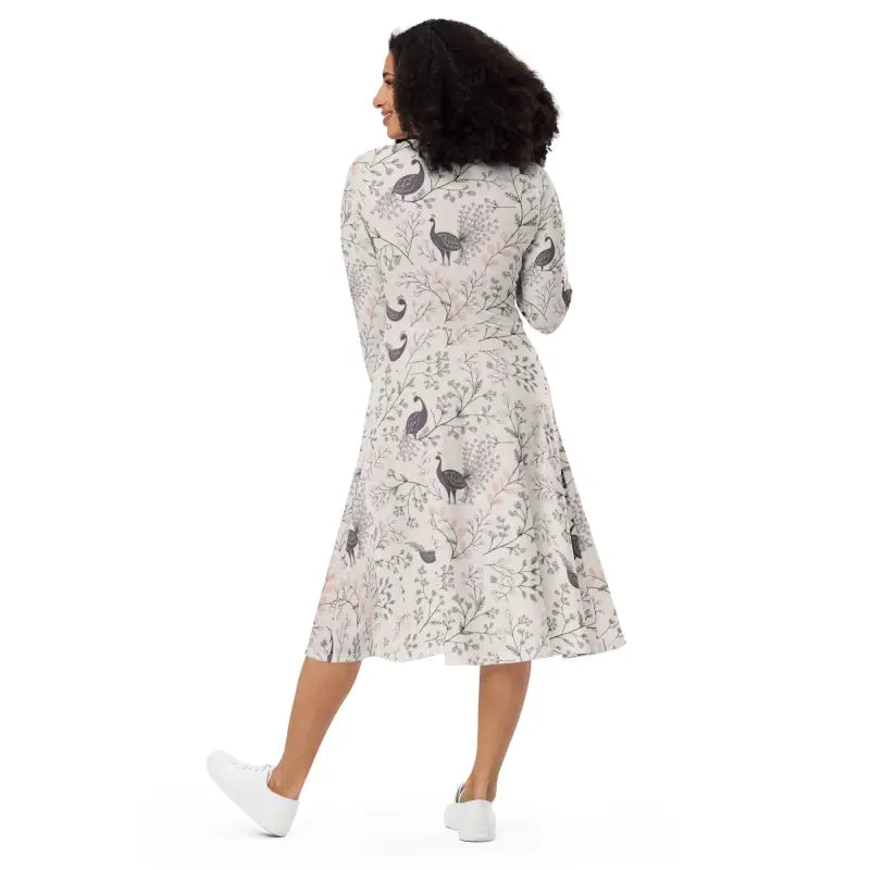 Purple Peacock Print Long Sleeve Midi Dress - DipaliZ