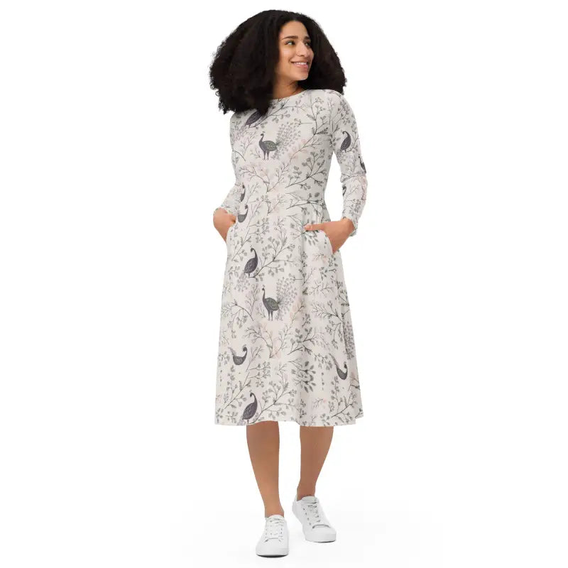Purple Peacock Print Long Sleeve Midi Dress - DipaliZ