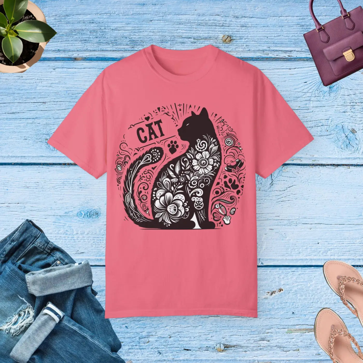 Floral Unisex Tee - Vibrant Artistic Cat Design - DipaliZ
