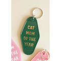 Cat Mom Motel Keychain in Green with Gold Text