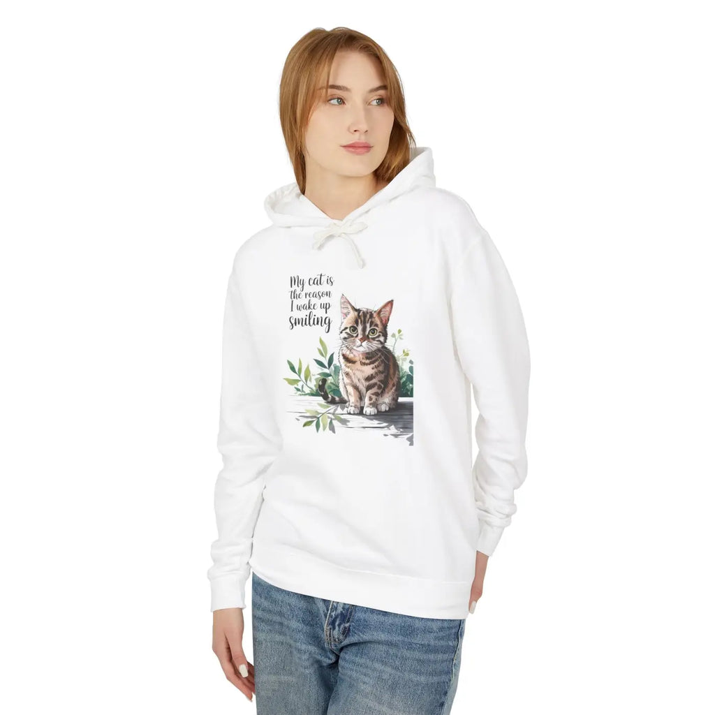 Smiling Cat Lover Lightweight Hoodie - Cozy Morning Wear - DipaliZ