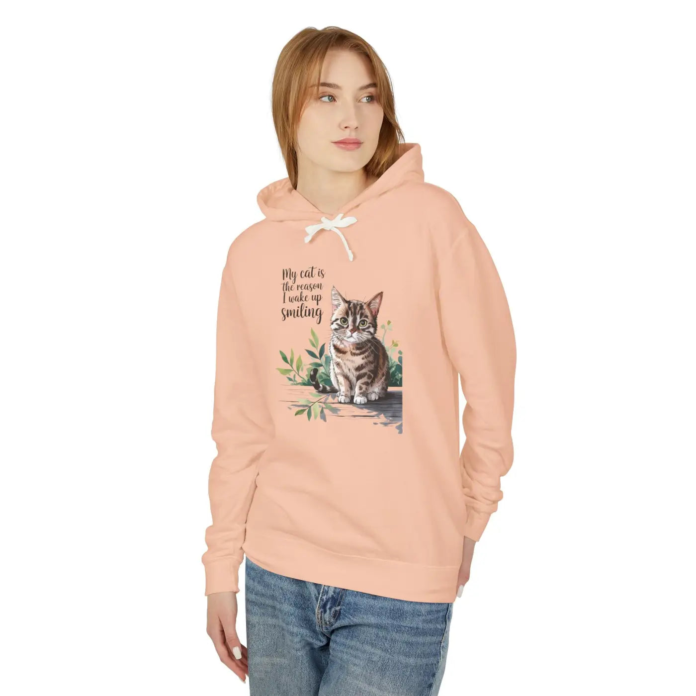 Smiling Cat Lover Lightweight Hoodie - Cozy Morning Wear - DipaliZ