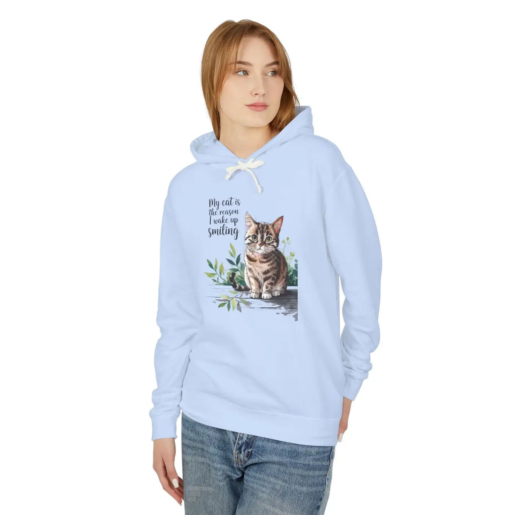 Smiling Cat Lover Lightweight Hoodie - Cozy Morning Wear - DipaliZ