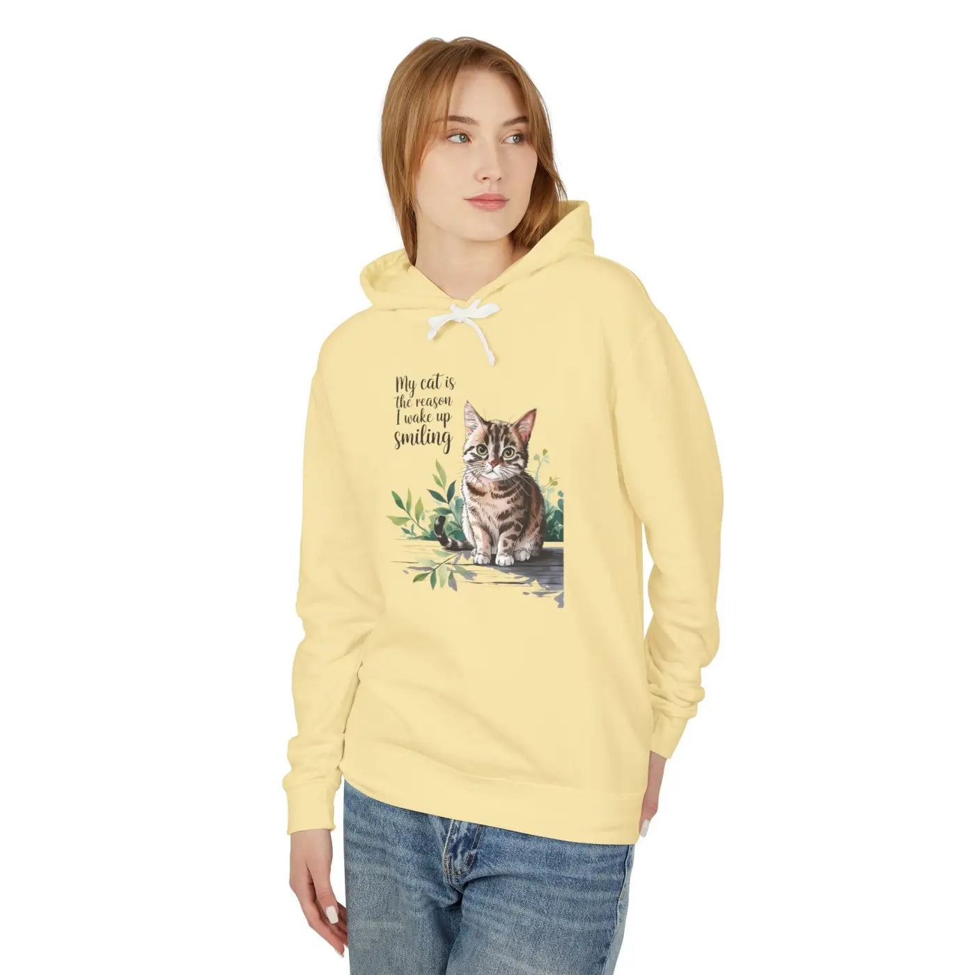 Smiling Cat Lover Lightweight Hoodie - Cozy Morning Wear - DipaliZ