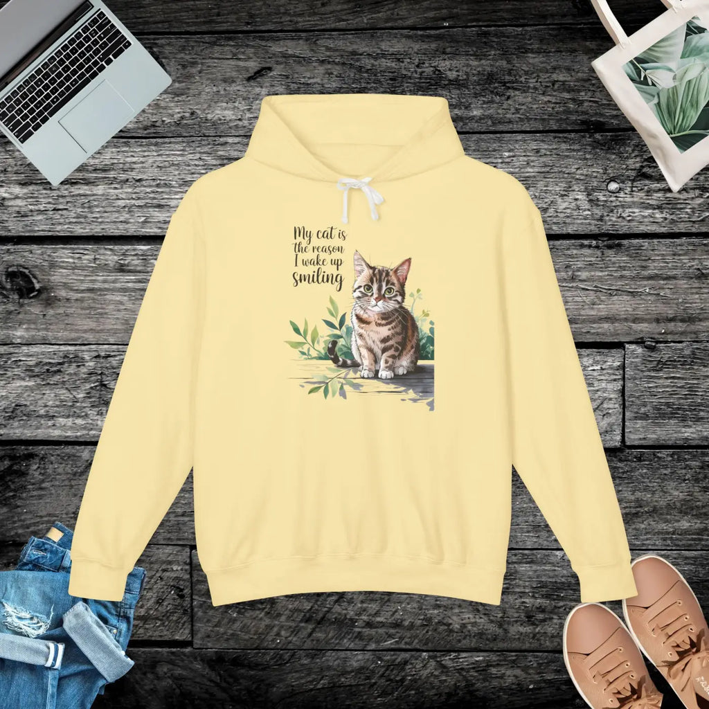 Smiling Cat Lover Lightweight Hoodie - Cozy Morning Wear - DipaliZ