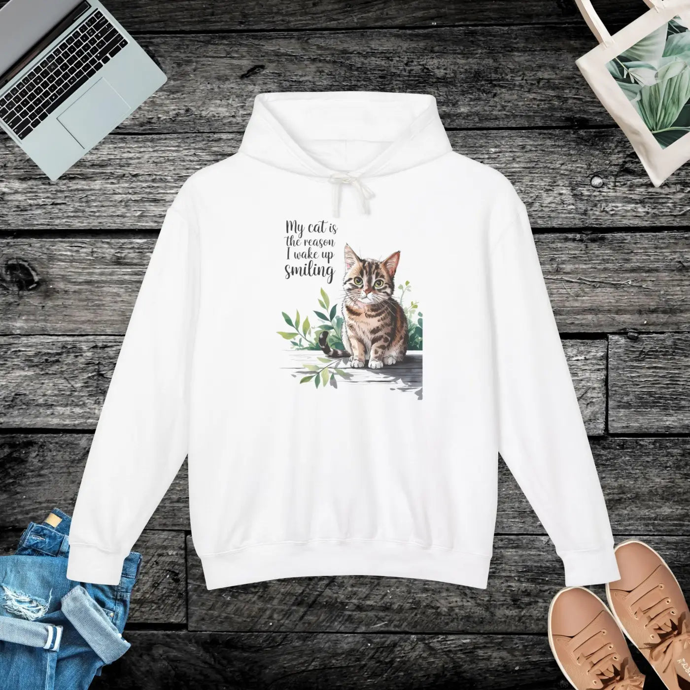 Smiling Cat Lover Lightweight Hoodie - Cozy Morning Wear - DipaliZ