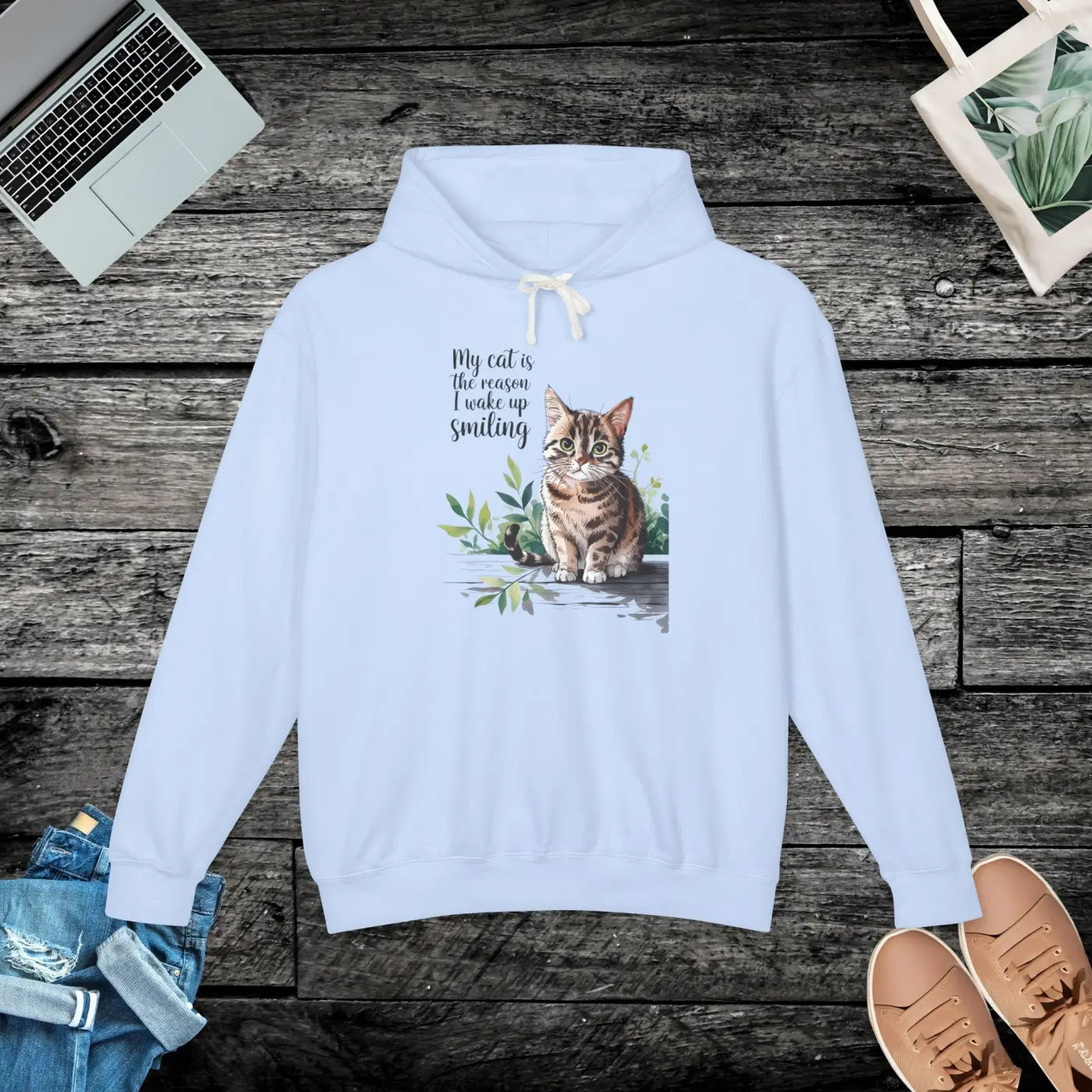 Smiling Cat Lover Lightweight Hoodie - Cozy Morning Wear - DipaliZ