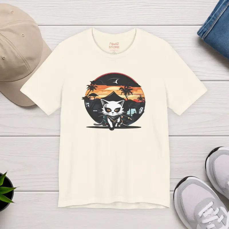 Retro Cat Samurai Jersey Short Sleeve Tee - Japanese Ninja - DipaliZ