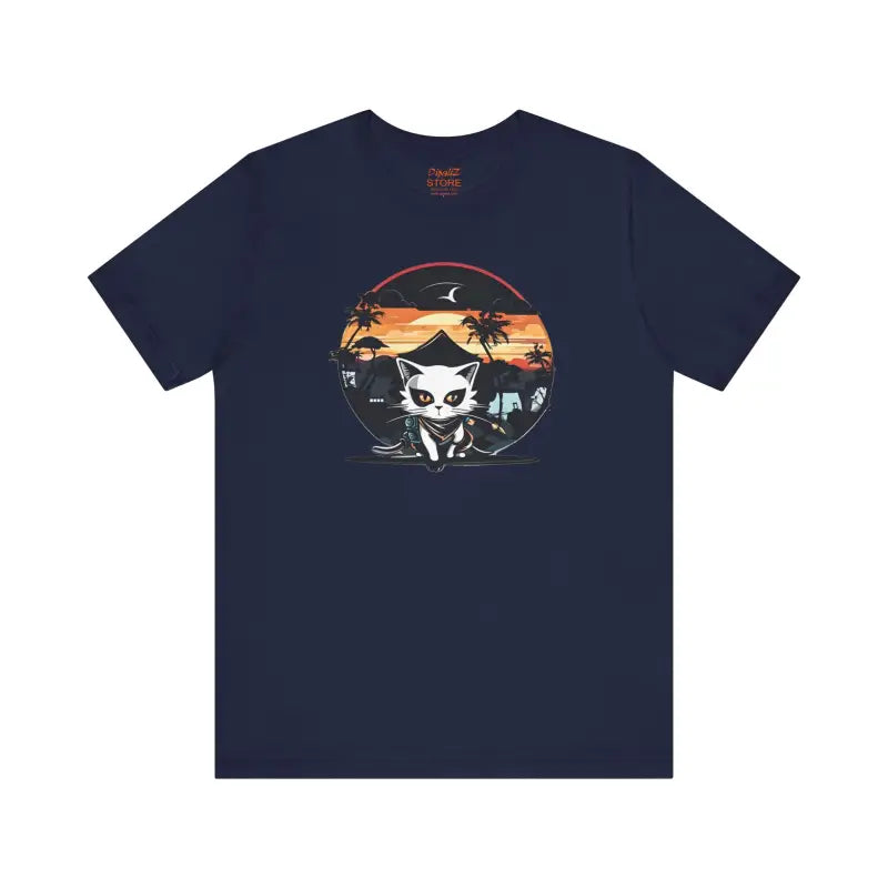 Retro Cat Samurai Jersey Short Sleeve Tee - Japanese Ninja - DipaliZ
