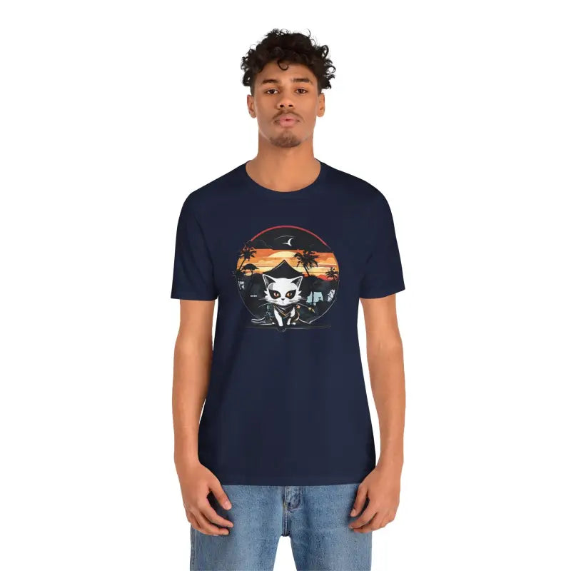 Retro Cat Samurai Jersey Short Sleeve Tee - Japanese Ninja - DipaliZ