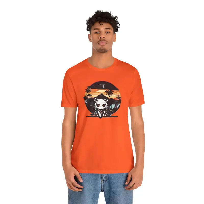 Retro Cat Samurai Jersey Short Sleeve Tee - Japanese Ninja - DipaliZ