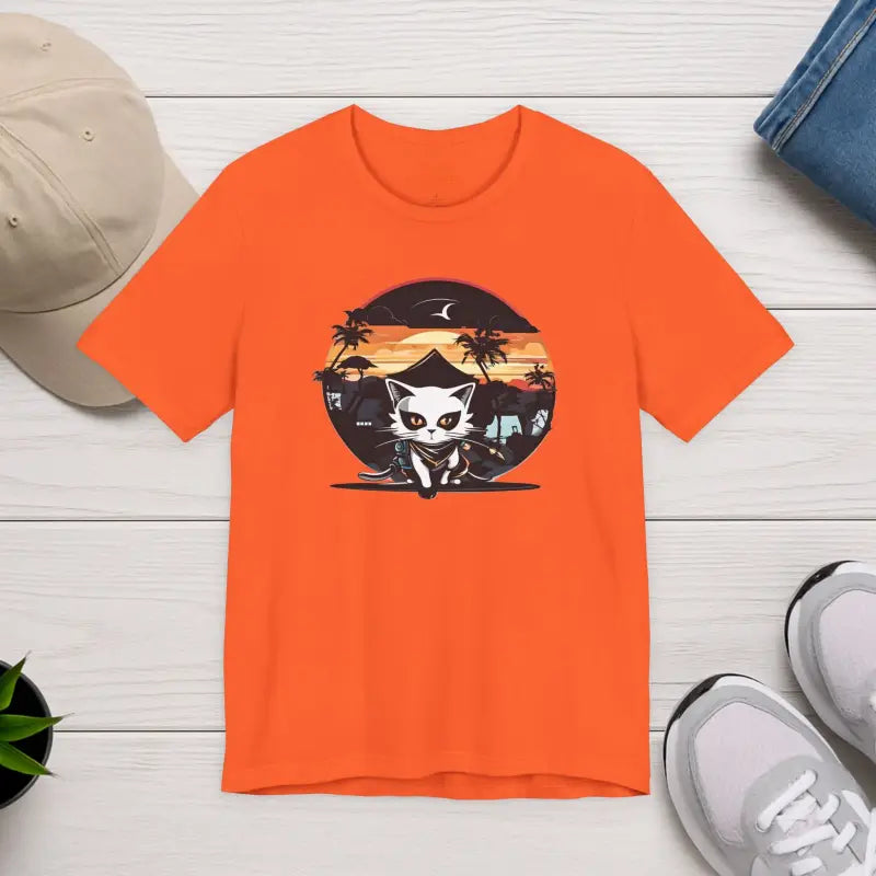 Retro Cat Samurai Jersey Short Sleeve Tee - Japanese Ninja - DipaliZ