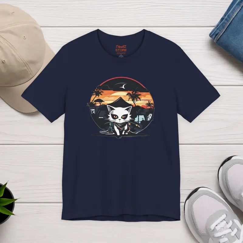 Retro Cat Samurai Jersey Short Sleeve Tee - Japanese Ninja - DipaliZ