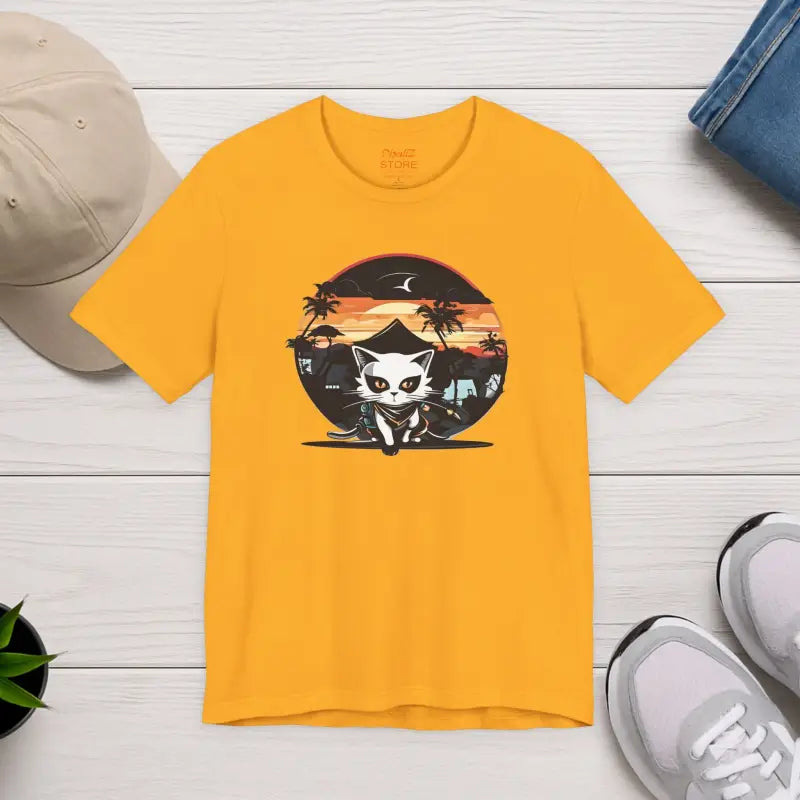 Retro Cat Samurai Jersey Short Sleeve Tee - Japanese Ninja - DipaliZ