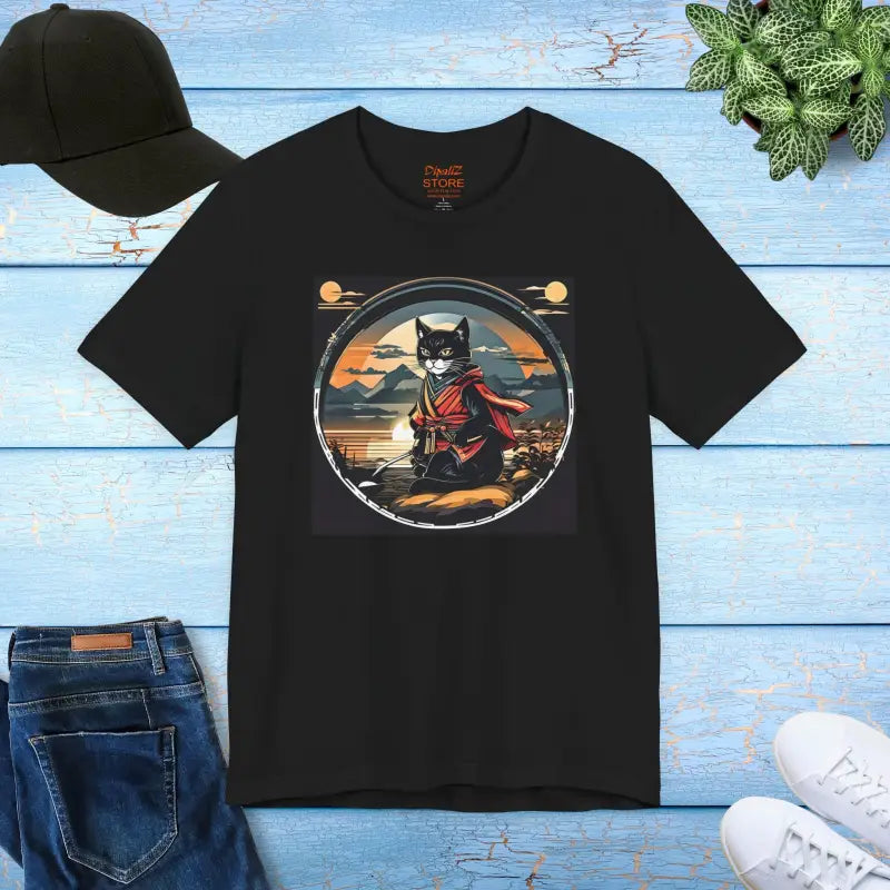 Cat Samurai Short Sleeve Tee - Japanese Sunset Design - DipaliZ