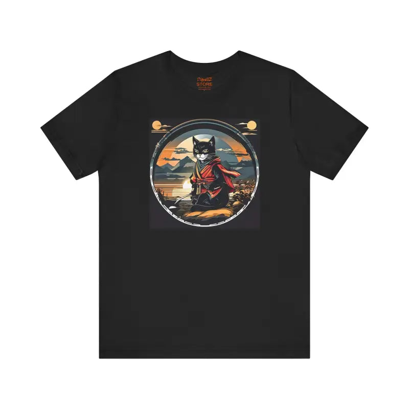 Cat Samurai Short Sleeve Tee - Japanese Sunset Design - DipaliZ